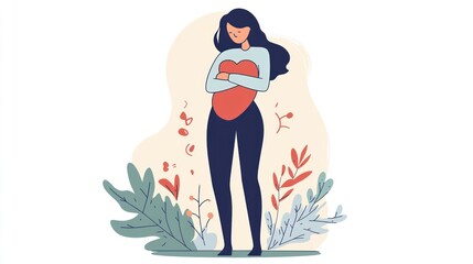 A woman holding a heart, surrounded by plants, symbolizing self-love and emotional wellness.