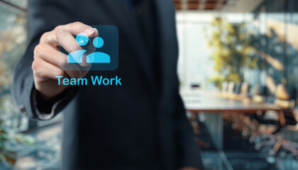 Teamwork icons depict multiple figures collaborating, symbolizing unity and collective effort