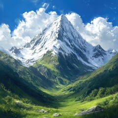 Fototapeta premium Snow-capped mountain peak rising above a lush green valley, with a bright blue sky and fluffy clouds overhead.