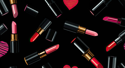 Obraz premium Repetitive pattern featuring lipsticks and hearts on black background.