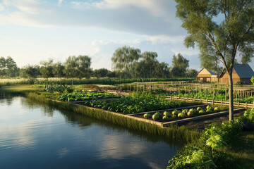Fototapeta premium Organic farm with vegetable garden by a calm river