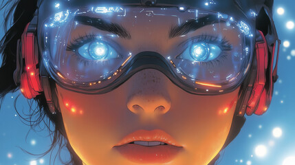 Close-up of a woman's face with glowing eyes