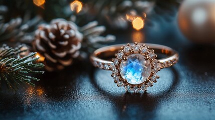 Naklejka premium Moonstone Engagement Ring with Pinecones and Winter Decorations