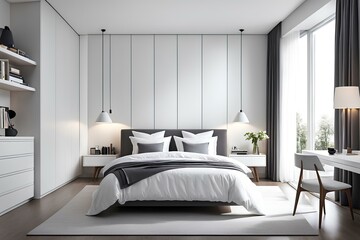 interior of bedroom with bed, white-toned house
