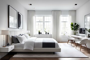 interior of bedroom with bed, white-toned house