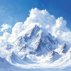 Fototapeta premium Snowy mountain peak towering above a pristine winter landscape, with a bright blue sky and fluffy clouds.-