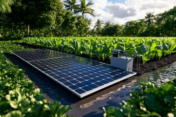 Fototapeta premium A hyper-realistic field of crops watered by a solar-powered system, capturing the intricate details of agriculture, water, and sustainable energy