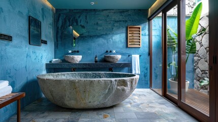Modern blue-toned bathroom design with marble stone bathtub generated by AI