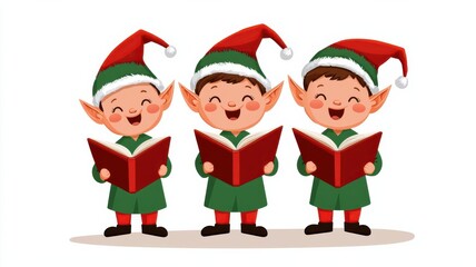 Christmas elves caroling in Santas village, magical holiday moment, cute cartoon style, isolated on white background
