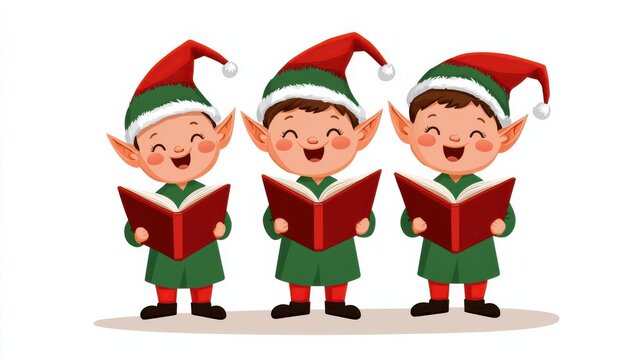 Christmas elves caroling in Santas village, magical holiday moment, cute cartoon style, isolated on white background