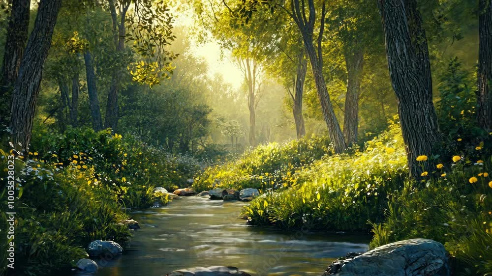 Poster a stream flows through a lush forest, sunlight filtering through the trees