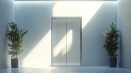 Elevator doorway opening to a bright interior, minimalist corporate design. 3D Rendering