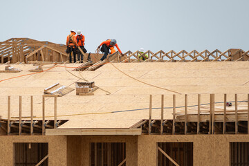 Preparing the roof deck for OSB installation. Cutting OSB sheets for roof. roofing. Roof deck for installation. Roof frame for beam installation. Male roofer carpenter working on roofs structure.
