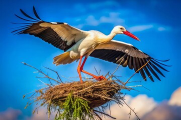 Naklejka premium A graceful stork carries a bundle, representing fresh starts, optimism, and prosperity found in nature’s beauty,