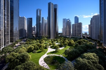 Fototapeta premium A modern downtown park nestled between high-rise buildings, where people enjoy nature amidst the busy city streets