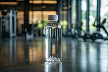 A water bottle on a gym floor. Perfect for showcasing a healthy lifestyle.