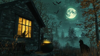 Fototapeta premium An eerie abandoned house on a dark Halloween night, illuminated by moonlight, with ancient stone walls, empty rooms, and a mysterious tunnel leading into the shadows