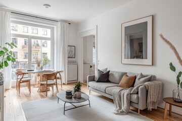 Minimalist living room interior with a grey sofa, a wooden coffee table, and a white rug.