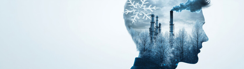 Obraz premium image features double exposure of persons silhouette combined with industrial plant and snowy landscape, evoking sense of contemplation about nature and industry