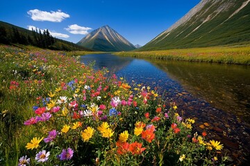 A river running through a field of wildflowers, with colorful blossoms lining the riverbanks and tall mountains in the background