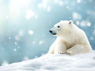 cute polar bear on snow background - ai