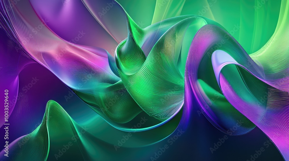 Poster vibrant abstract shapes in green and violet, evoking the dynamic flow of data analysis through julia