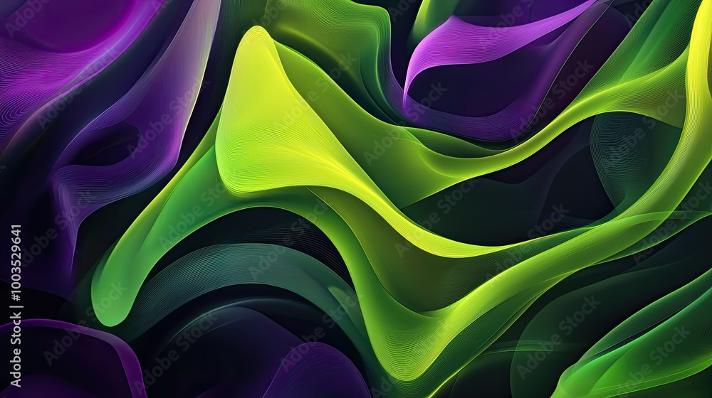 Poster vibrant abstract shapes in green and violet, evoking the dynamic flow of data analysis through julia