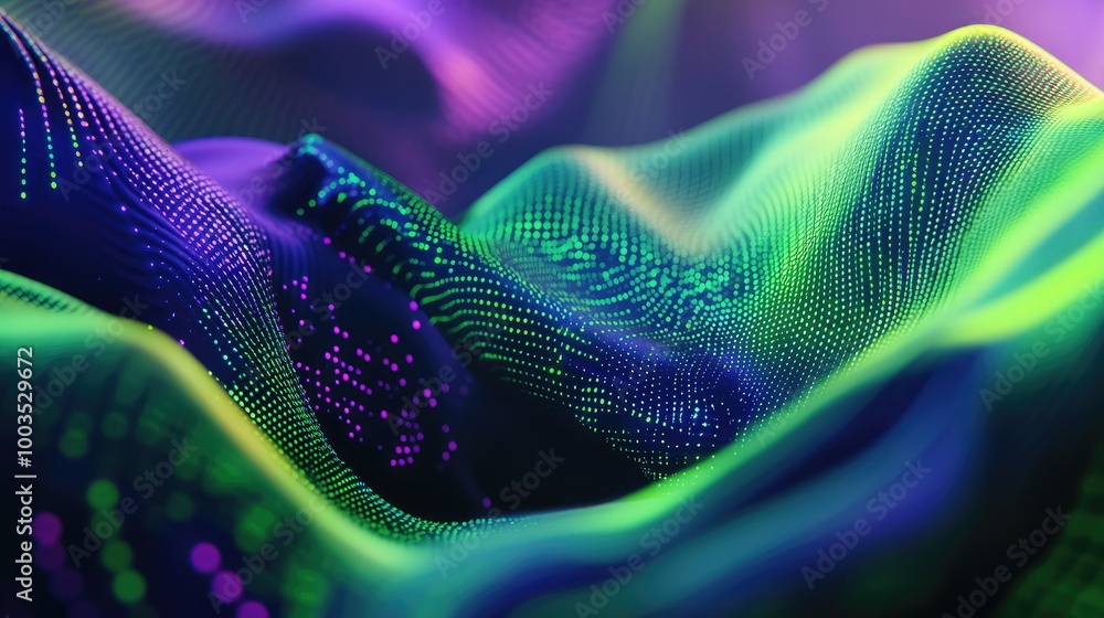 Poster vibrant abstract shapes in green and violet, evoking the dynamic flow of data analysis through julia