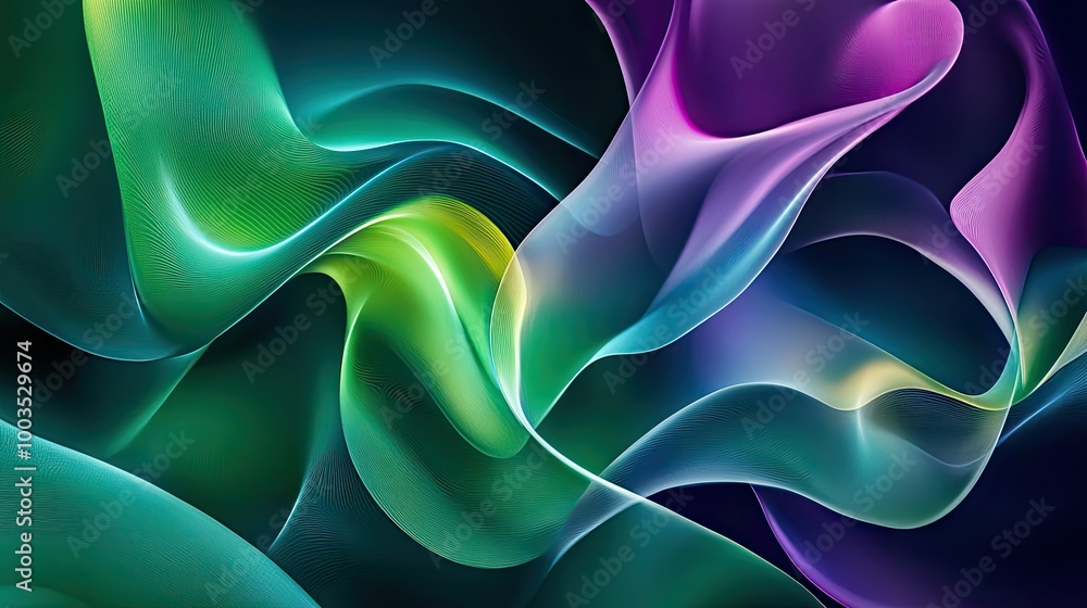 Poster vibrant abstract shapes in green and violet, evoking the dynamic flow of data analysis through julia