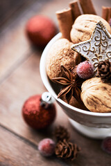 Christmas decoration on rustic wooden background. Close up.	
