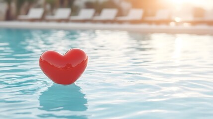 Red heart floating on swimming pool with sun flare and bokeh background