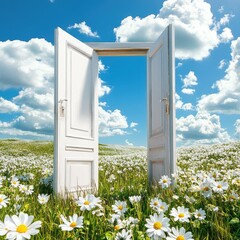 Wide-open doors standing in a field blanketed with white spring flowers, symbolizing a fresh start and open possibilities.