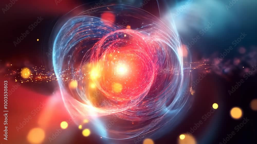 Poster a bright red orb surrounded by swirling light sits in the center of a dark, abstract background with