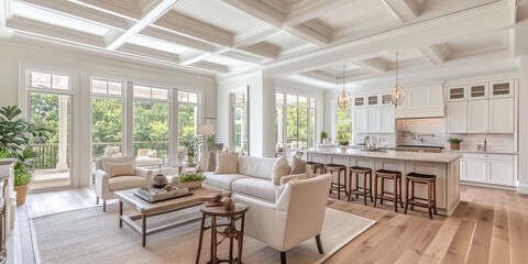 Modern living room with white walls, coffered ceilings, and a kitchen in the background.