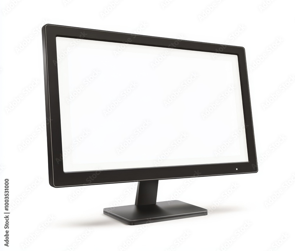 Poster a black computer monitor with a blank white screen.