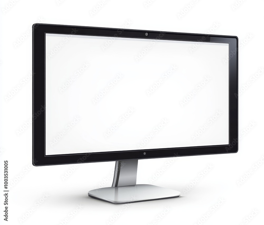 Poster a black computer monitor with a blank white screen and silver stand isolated on a white background.