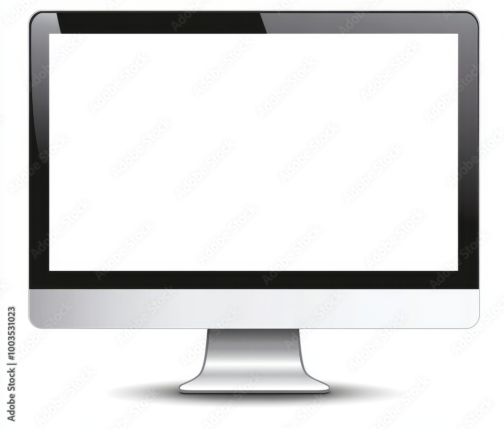 Poster modern computer monitor with blank white screen isolated on white background.