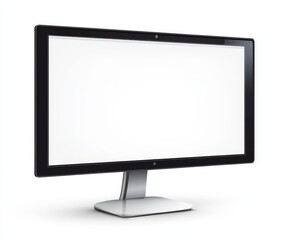 Fototapeta premium A black computer monitor with a blank white screen and silver stand isolated on a white background.