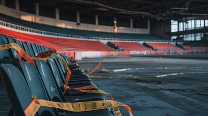An abandoned sports arena with empty seats and caution tape.