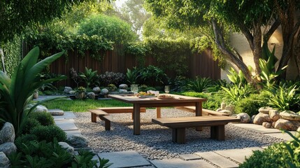 Obraz premium Wooden table set in a cozy backyard garden, ready for outdoor entertaining amidst nature and greenery