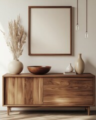 A wooden cabinet with two doors and two drawers, a wooden bowl, two vases, a dried flower arrangement, and a blank picture frame on a wall.