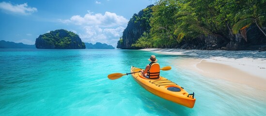A lone kayaker paddles through turquoise waters towards a secluded tropical island with lush vegetation.