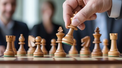 A focused hand moving a chess piece during a game with blurred opponents in the background.