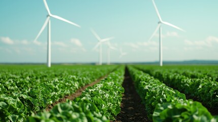 A serene landscape featuring green crops aligned with wind turbines against a bright blue sky, emphasizing renewable energy and agriculture.