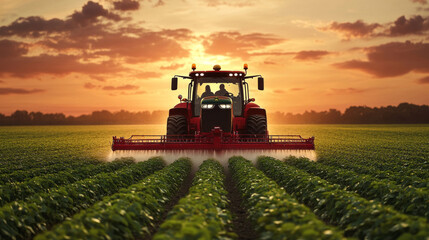 Fototapeta premium A red tractor sprays a field of crops at sunset.