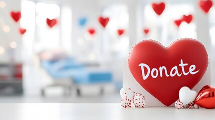 Red heart with the word donate on a table in a hospital room