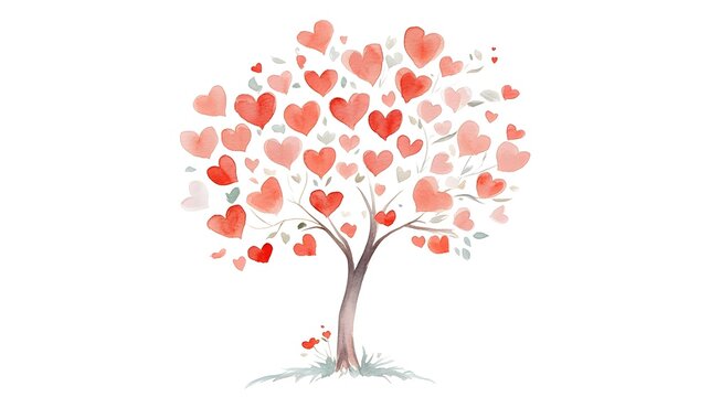 Illustration of a watercolor love tree with red hearts on a white background, symbolizing love, growth, and affection.

