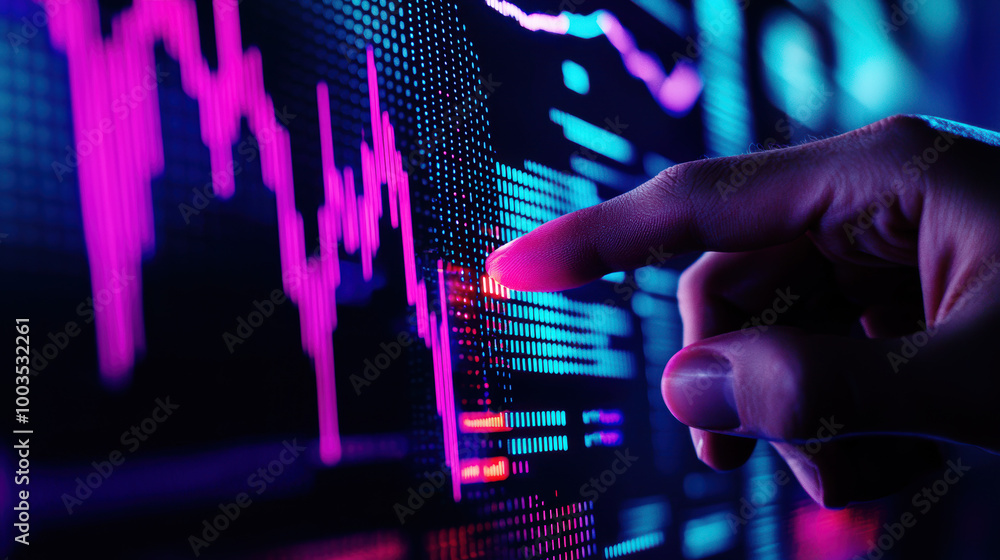 Aufkleber hand touching a digital financial chart with colorful data visualization.
