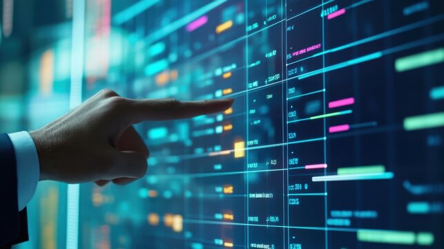 Businessperson using a virtual calendar interface with colorful time slots and event categories,