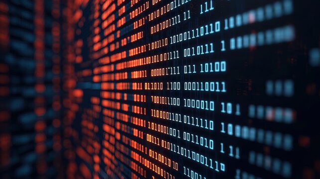 Abstract binary code, digital data flow on black background